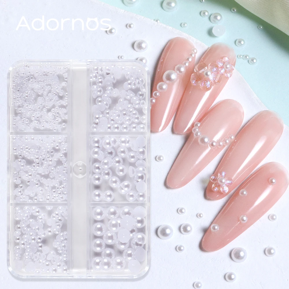 

White Pearls Nail Art Charms Mixed Size Half Round Pearl Beads for Nails Decoration Japanese Korean Manicure Pearls Accessories