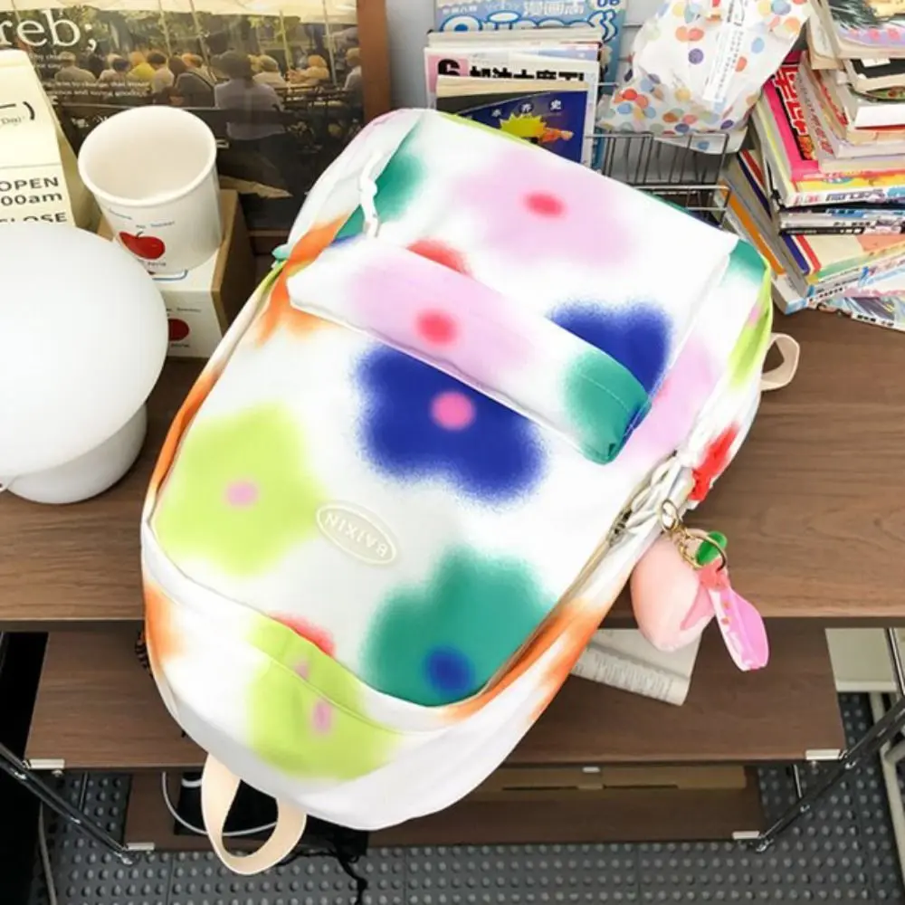 Large Capacity Flower Backpack Korean Style with Pendant Tie-dye Shoulder Bag Creative Graffiti Colorfu Floal School Bag Outdoor