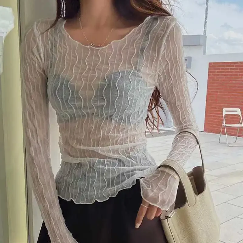 T-shirts Women Sexy Sheer Chic Korean Style Design Simple O-neck Graceful Hotsweet Streetwear All-match Pure Color Summer Tops