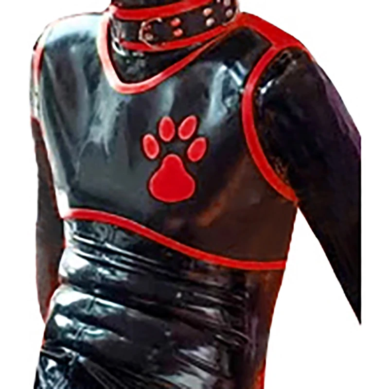 Black And Red Sexy Latex Crop Top With Puppy Paw Prints V Collar Sleeveless Rubber Clothing Shirt Dog Pet Trims Blouse 0370