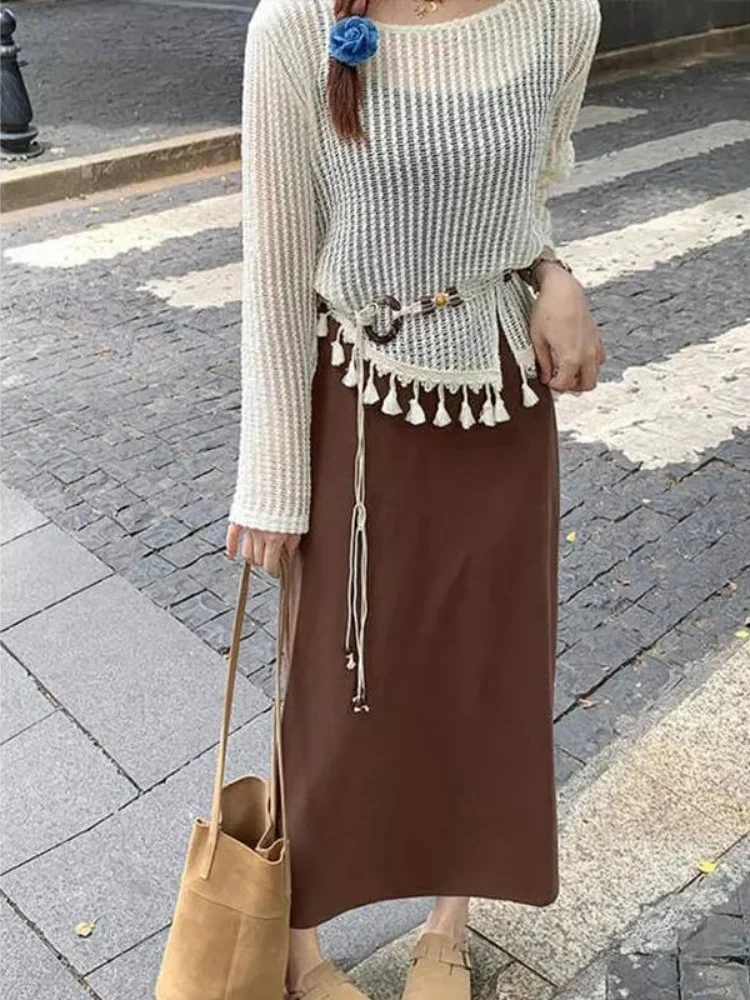 

2024 Autumn Hollow out Knitted Sun Protection Cover up Dress Women's Two Piece Set Long Sleeve Polyester Fiber Casual Wear