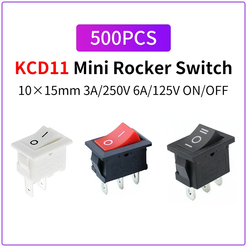 

500 шт. мини-клавишных переключателей KCD11 10x15 мм, SPST SPDT, ON-OFF, 3А 250В, 6А 125В AC, для панельного монтажа, вставные, для лодок
