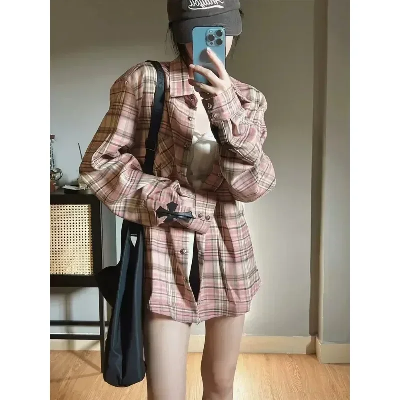 PB&ZAPink Plaid Shirt Women Cross Button Up Blouses Female High Street Long Sleeve Tops Hippie Autumn Oversize Streetwear Ins