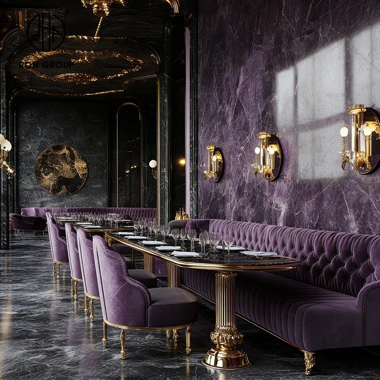 Ron Group Hotel Restaurant Furniture Set Tufted Velvet Booth Seating Square Marble Customized High Back Chair And Table