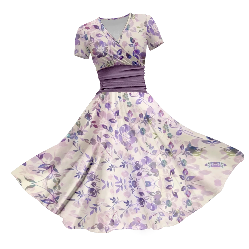 Süße Mädchen hellviolett Blumenmuster elegante Voll druck lässige Röcke V-Ausschnitt Kurzarm Party Club Kleider