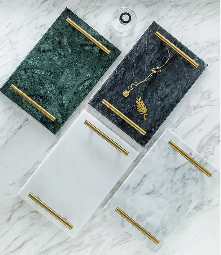 Hotel Decorations Home Luxury Rectangle Food Serving Marble Tray With Handles