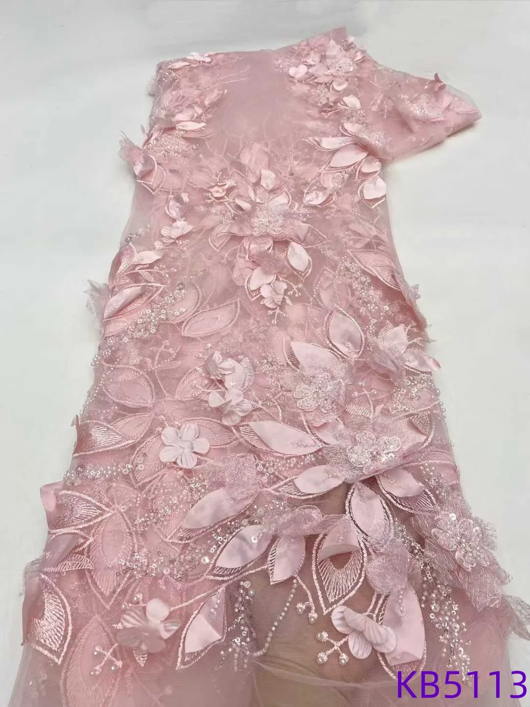 

5 Yards Pink African 3D Flower Beads Lace Fabrics Nigerian Sky Blue Sequence Tulle Lace Beads For Wedding Party Dress KB5113