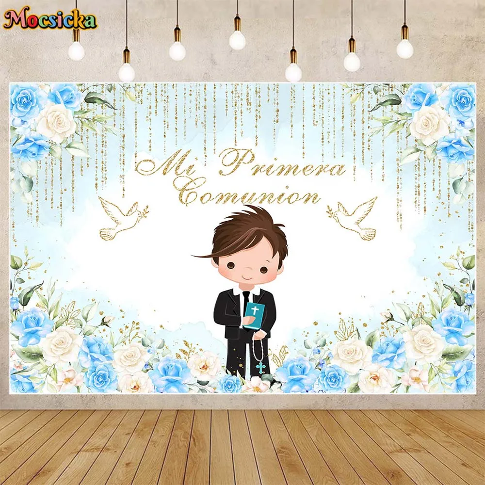 

Mocsicka Boy First Communion Party Decor Photo Backgrounds Dove Blue and White Rose Baby Baptism Backdrop Studio Photocall Props