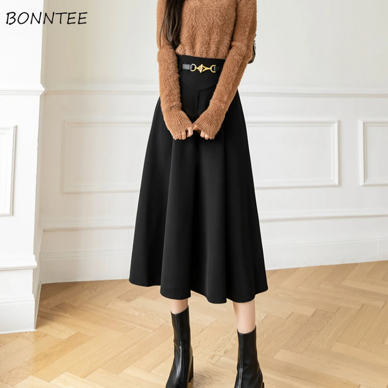 

Women Midi Skirts Solid Color Spring Autumn A-line Flattering Waist Vintage Belts All-match Streetwear Casual Ladies Soft Simple