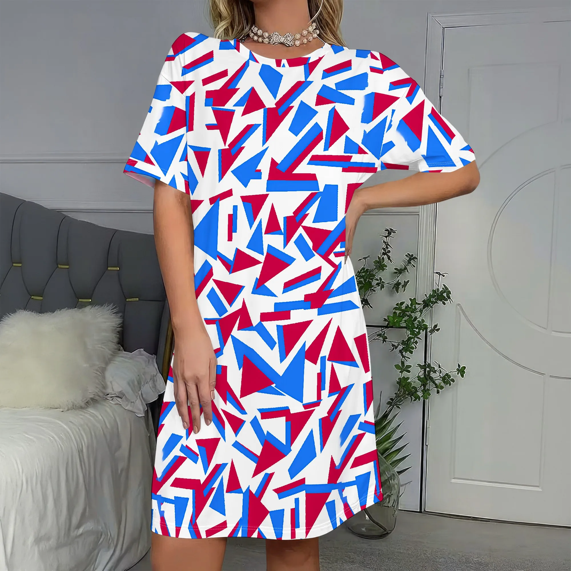 

Geometric Print, Short Sleeve Dress, Red White Blue Pattern, Casual T-Shirt Style, Summer Fashion, Beach Party Wear, S-2XL