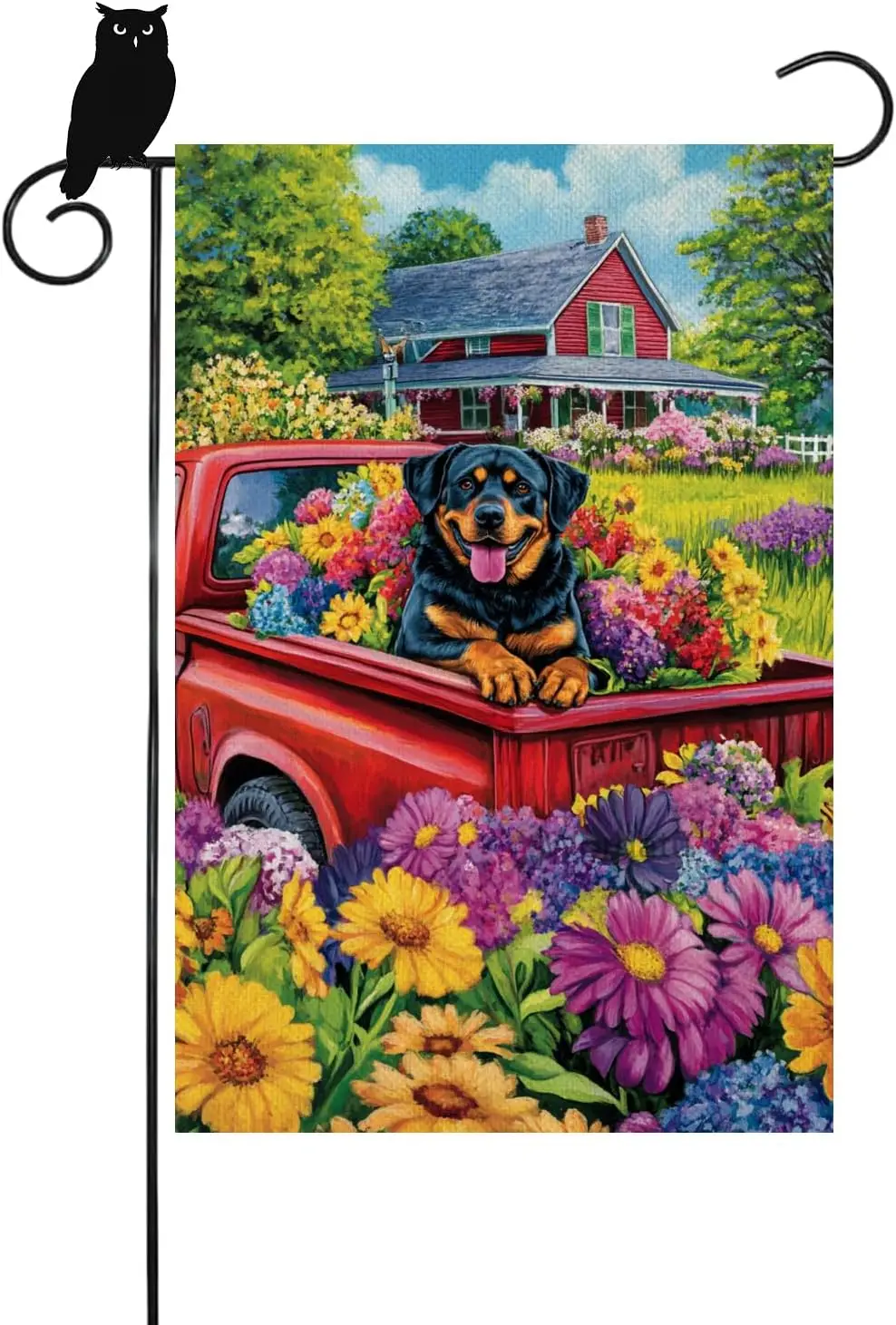 Wordatu Welcome Spring Summer Red Truck Home Decorative Garden Flag, House Rottweiler Flower Pickup Outside Decor, Puppy Far uui
