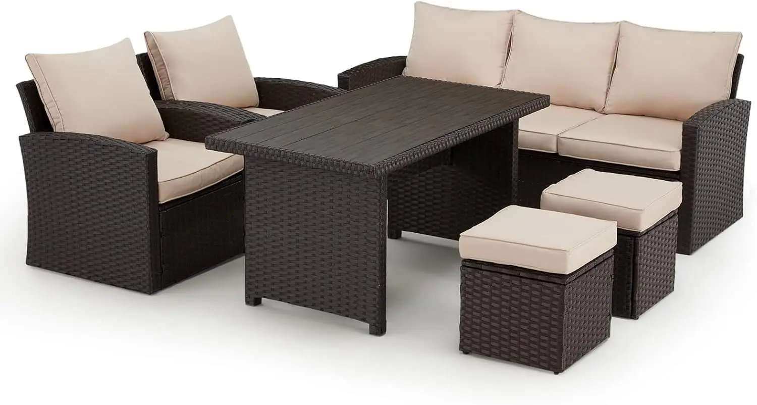 

7 Piece Patio Furniture Sets, Outdoor Dining Sectional Sofa Couch with Dining Table and Chair, Deck Wicker Conversation Set