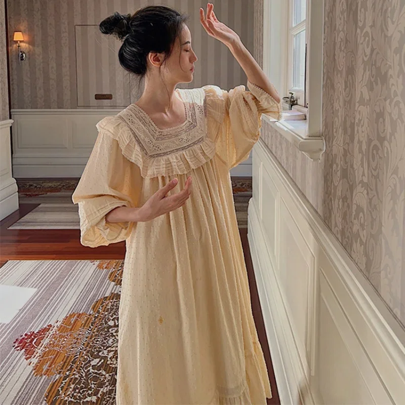 Autumn Winter Pure Cotton Night Dress Women Sweet Long Sexy Nighty Peignoirs Vintage Lace Nightgowns Fairy Princess Sleepwear