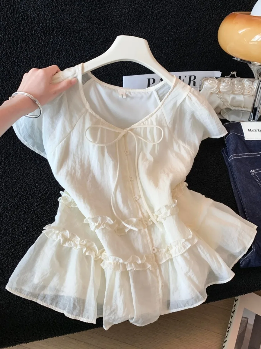 

Summer Anti-Aging Milk Series Women's Shirt Gathers Skirt Hem Doll Shirt V-Neck Short Sleeve Polyester Fiber Bubble Sleeve