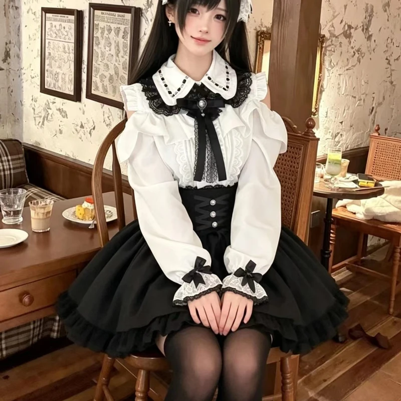 Jirai Kei Japanese Lolita Style Skirt Set Women Lace Ruffles Bow Off Shoulder Shirts High Waist Mini Skirts Suit Y2k Sweet Oufit