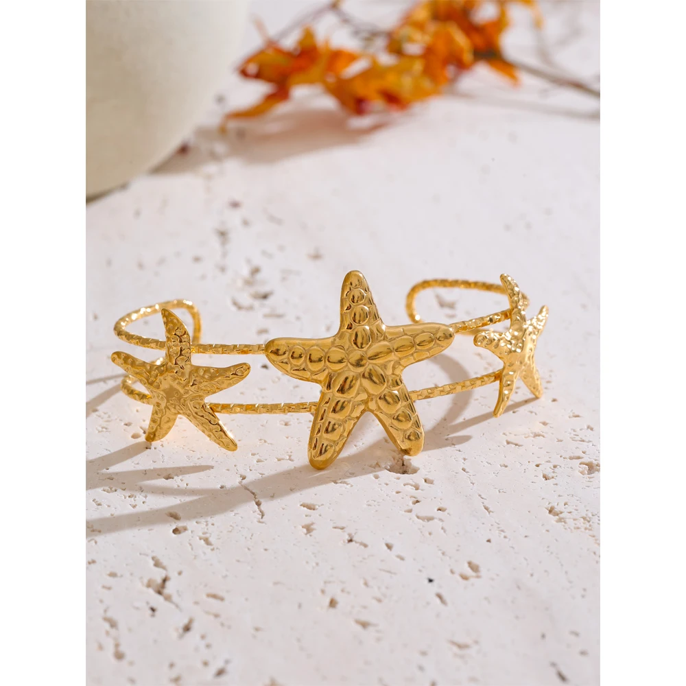 Yhpup Ocean Series Golden PVD Starfish Shell Sun Cuff Bracelet Open Wrist Jewelry Stainless Steel Bangle for Summer Holiday