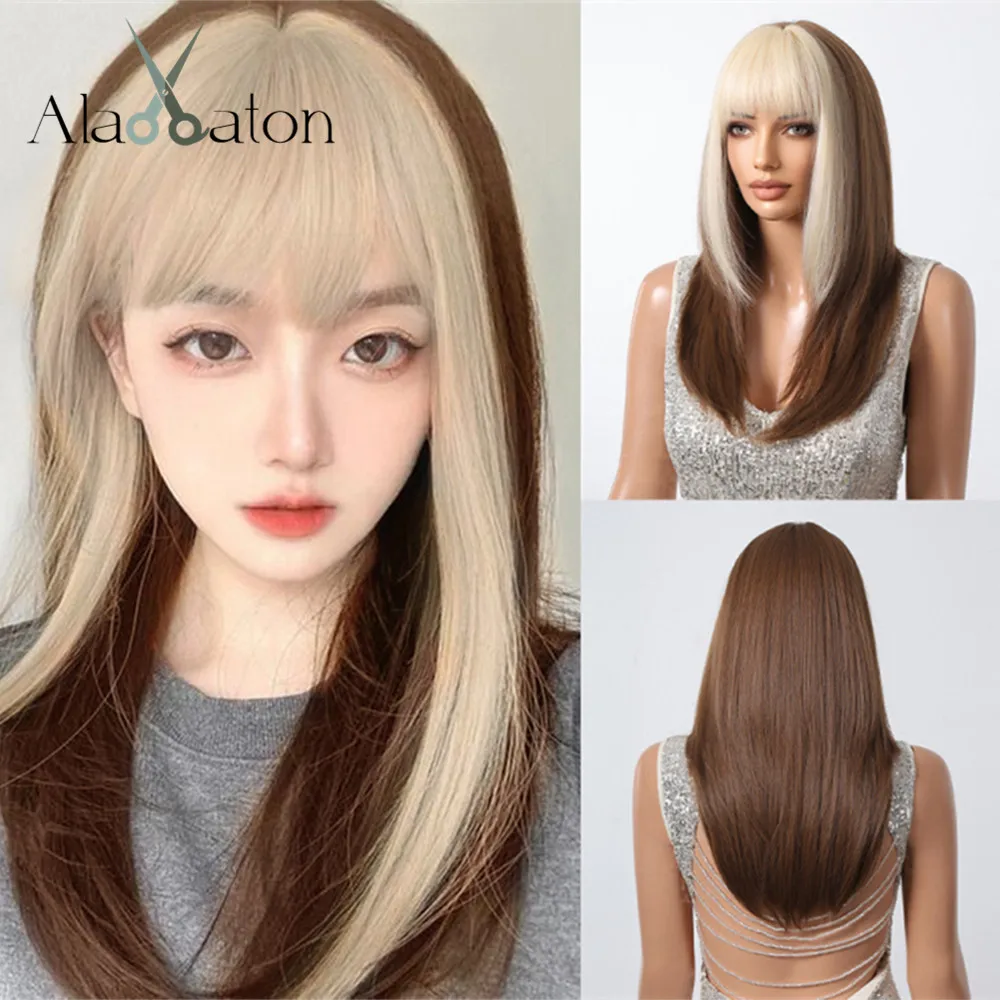 ALAN EATON Long Brown Layered Wigs with Blonde Bangs Straight Synthetic Wig Heat Resistant Fiber Mixed Color Wig for Party Daily