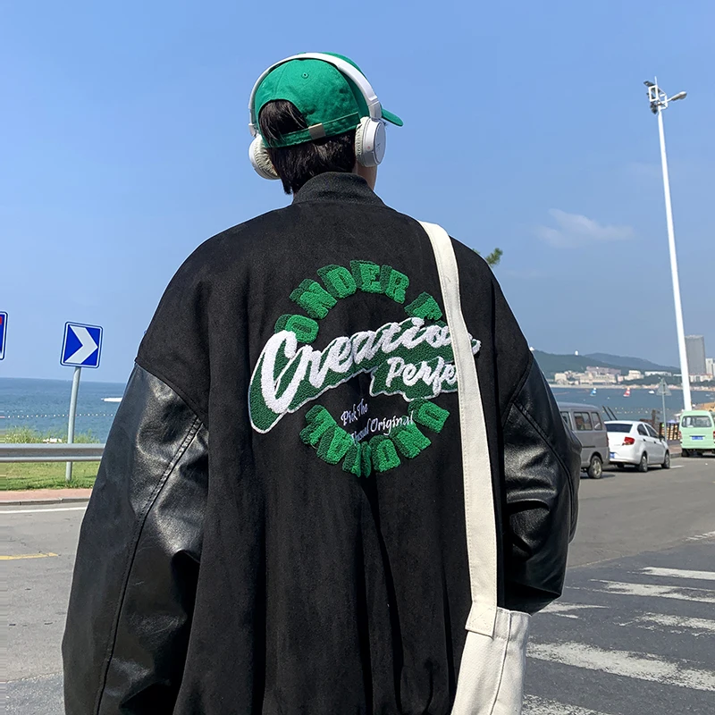 

American Retro Street Sle Baseball Jaet Men's Spring Autumn High Street Vibe Oversize Patchwork Leather Jaet