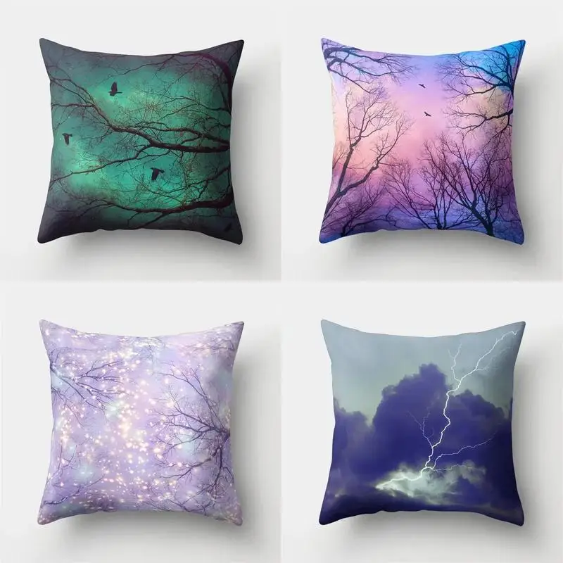 Branches With Birds & Lightning Decorative Pillow Pattern Cushion Cover Suitable For Sofa Bedroom Car Pillow Cover