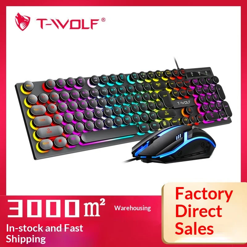 T-Wolf Tf270 Russian Layout Wired Gaming Keyboard Mouse Combo Rgb Colorful Backlit Retro Punk Round Keycaps For Pc Laptop Gamers