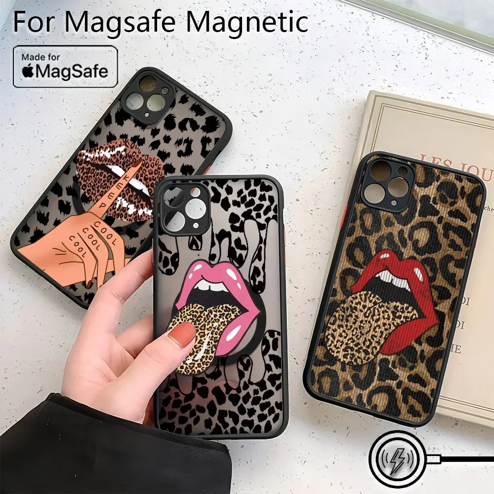 Hot Red Lip Leopard Print Phone Case For Samsung Galaxy S25 S24 S23 S22 S21 S20 FE Plus Ultra 5G Matte Magnetic Back Cover