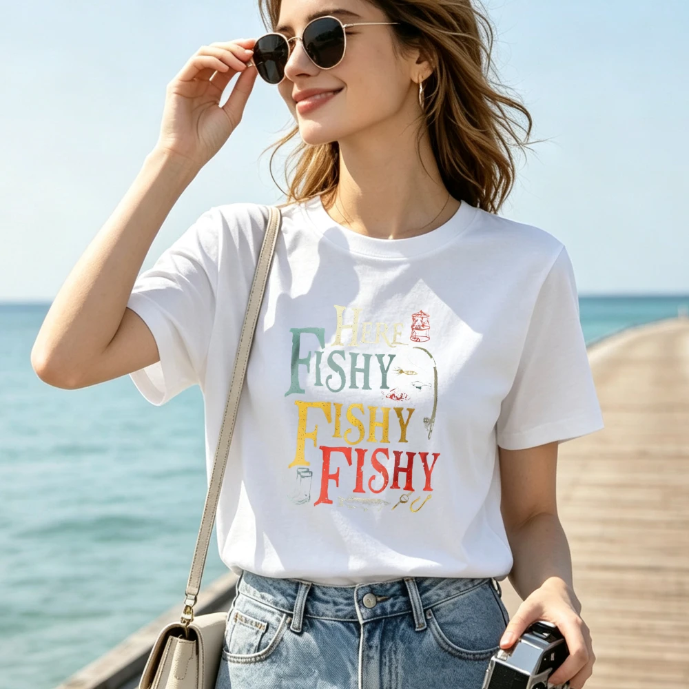 Unisex Back Printed Fishing Theme T Shirt Here Fishy Fishy Slogan Crew Neck Short Sleeve Tops Casual Outdoor Fisherman Tops Tee