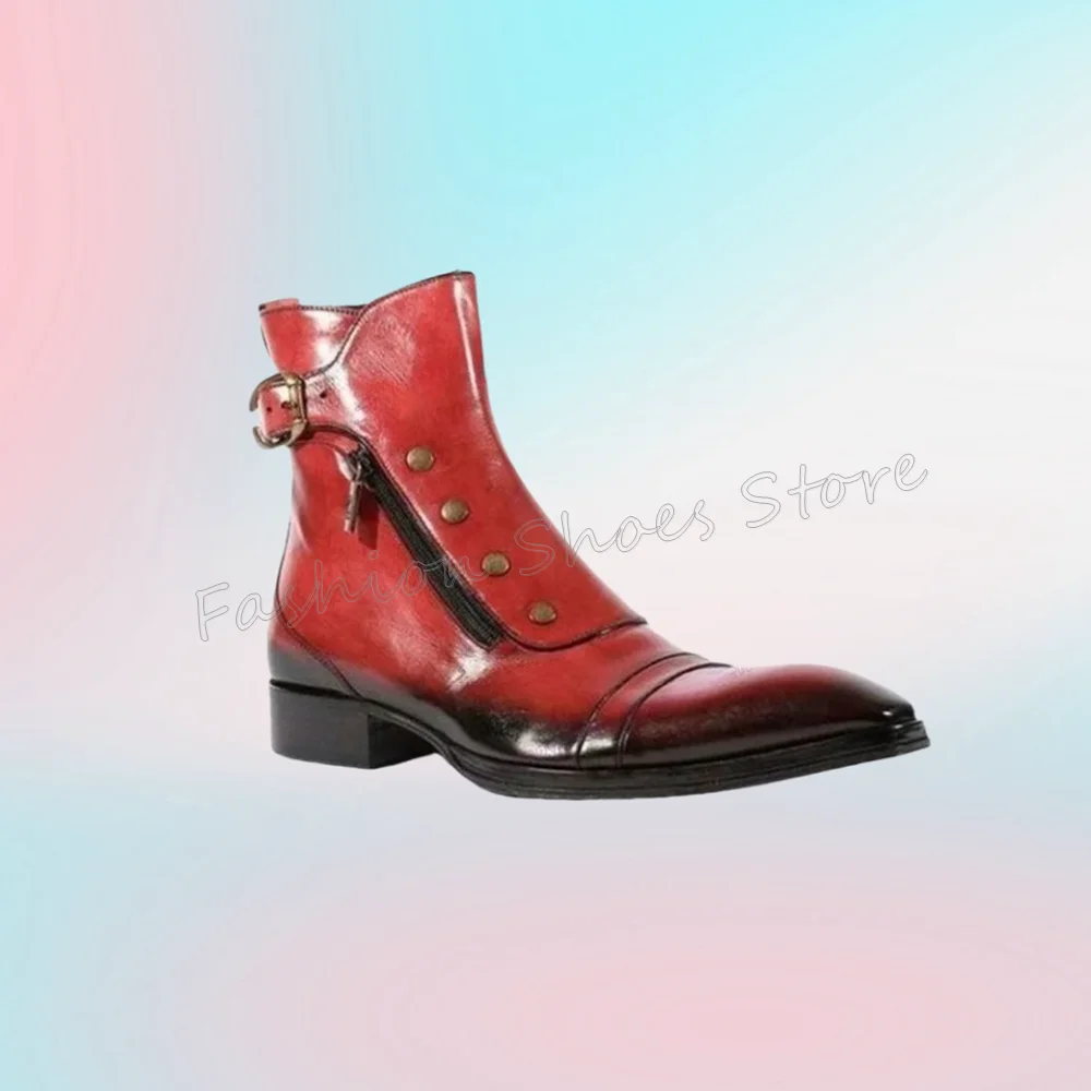 Red Strappy Men's Ankle Boots Matte Leather Chunky Heels Zipper Business Shoes Runway Casual Shoes 2023 Zapatos Para Hombres