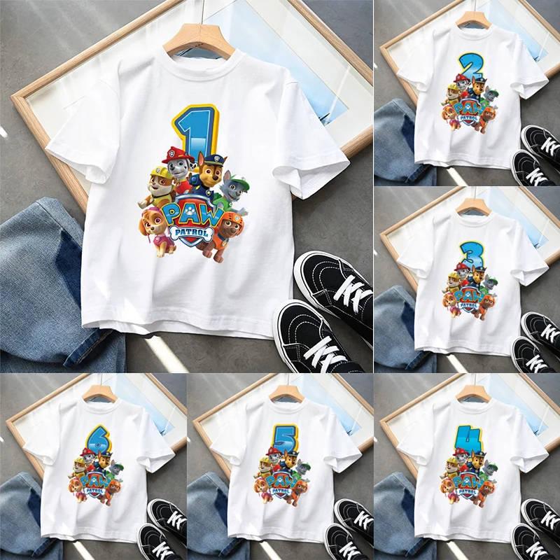 Paw Patrol Kids T-shirt Cute Summer Cotton Pullover Birthday Number Top Kawaii Boy Girl Chase Skye Printed Casual Clothes Gifts