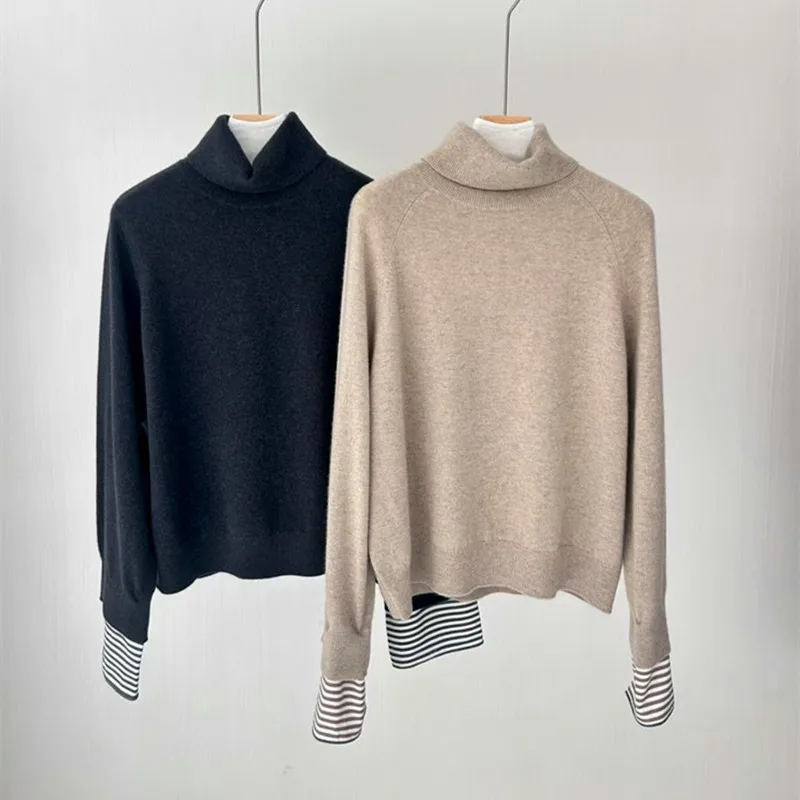 2025, Herbst und Winter, neuer Stehkragen-Kaschmirpullover, Nähte, Ärmel, lockerer Pullover für Damen