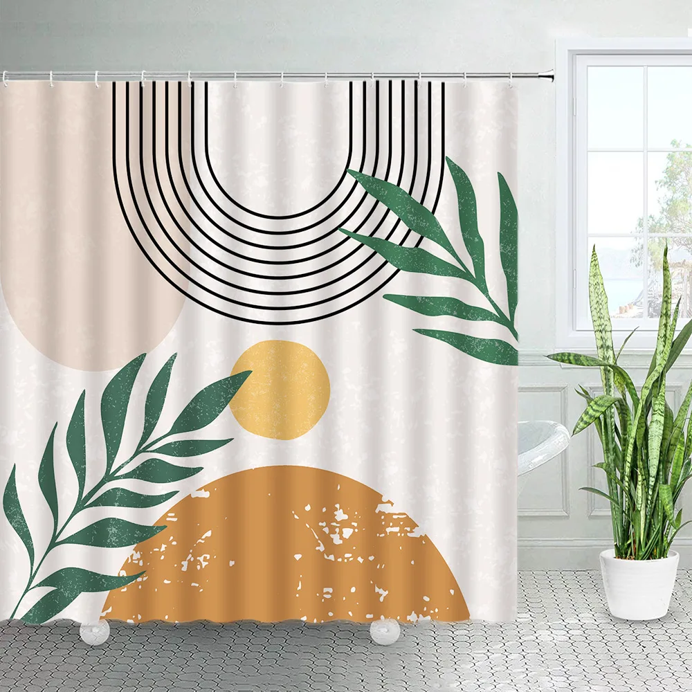 Abstract Mid Century Shower Curtain Modern Minimalist Art Black Lines Green Leaves Boho Geometric Fabric Home Bathroom Decor Set