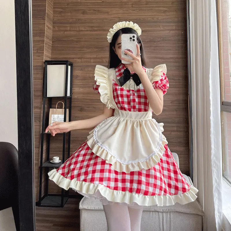

Black Red Grid Maid Suit Aesthetic Woman Kawaii Role Play Costumes Anime Cosplay Classical Style Summer Waiter Uniforms Cute