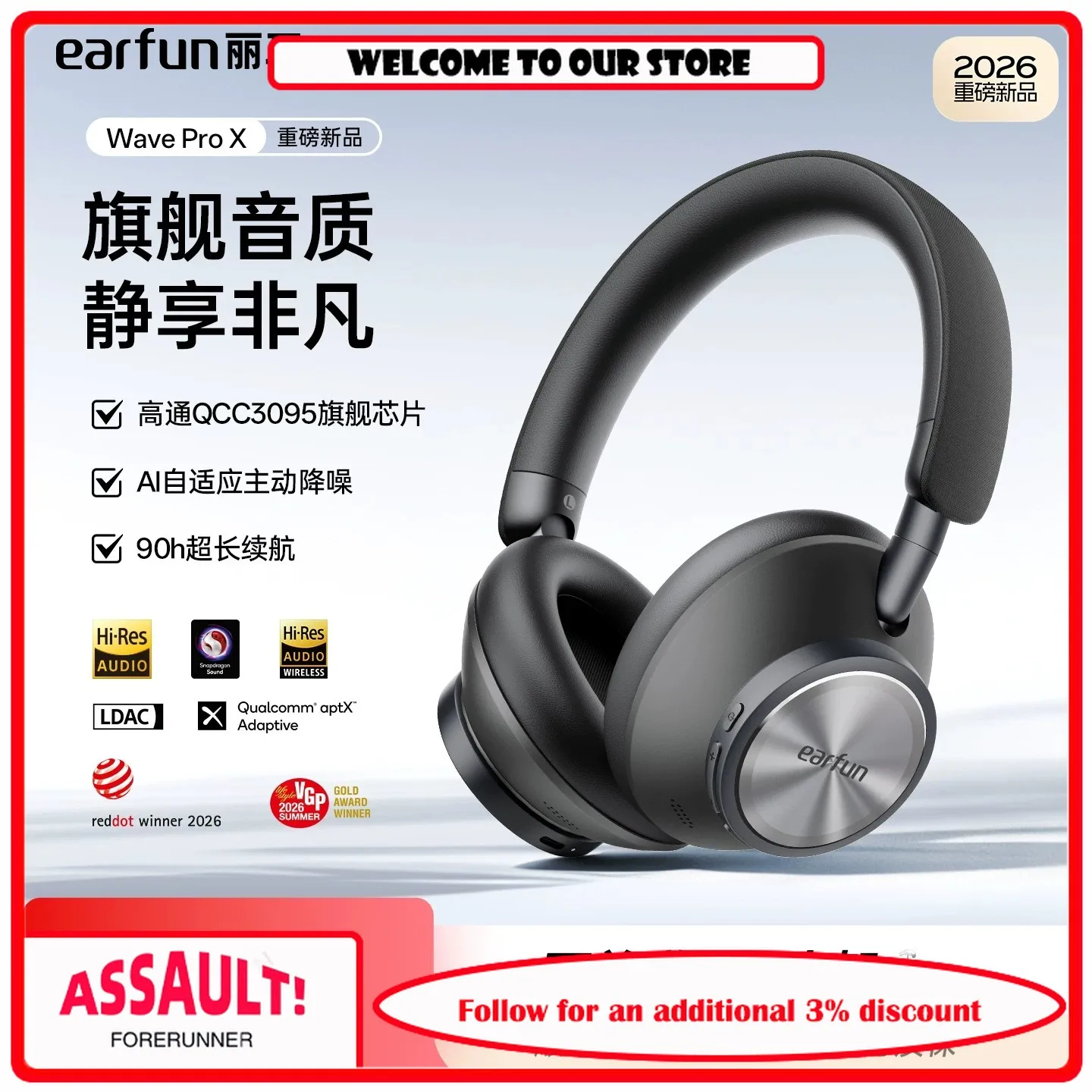 EarFun Wave Pro X Over Ear ANC Headphones Bluetooth 6.0 Wireless Gaming Headset 8-Mic Dual Coaxial Driver Hi-Res Audio Low