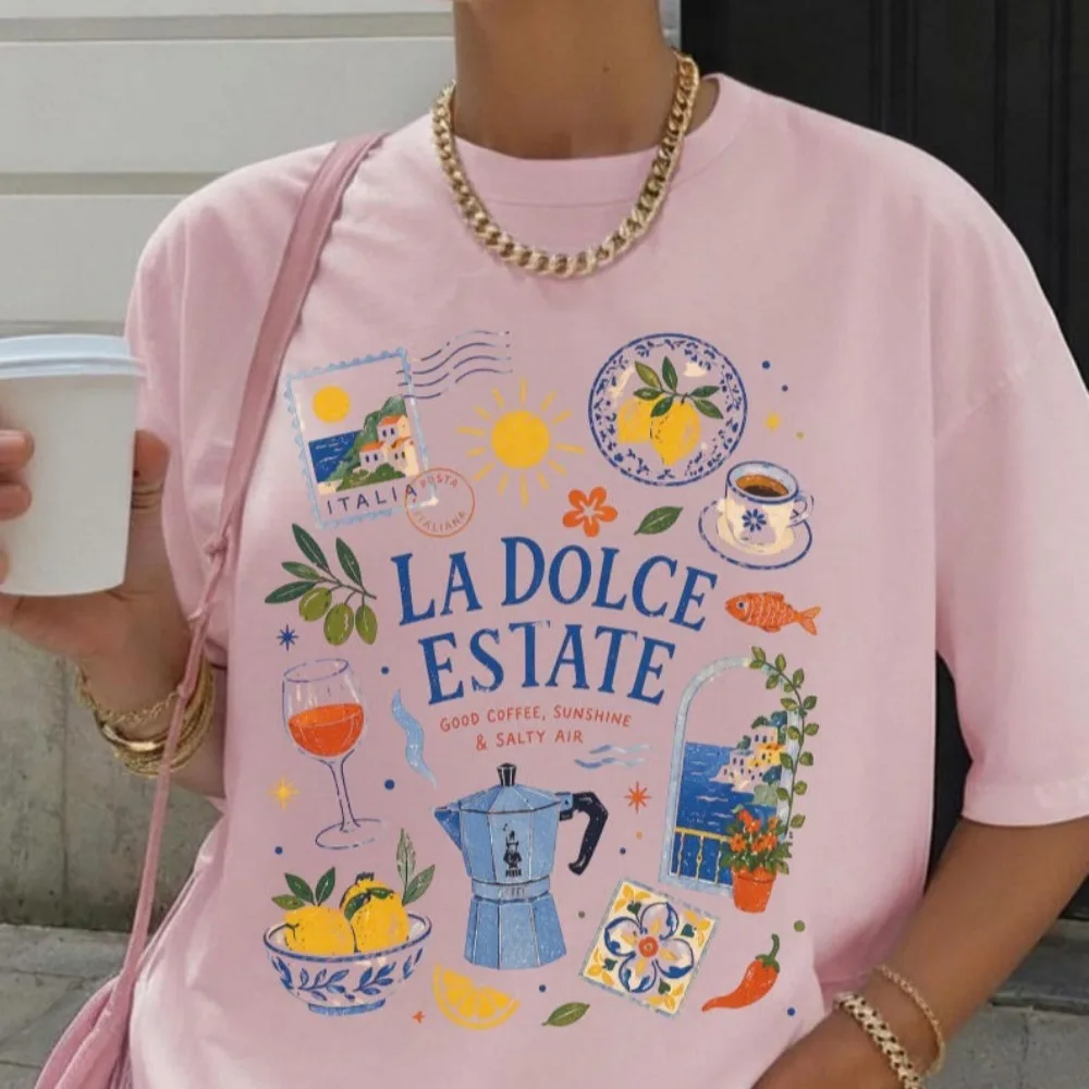 La Dolce Estate Italian Summer T-Shirt Amalfi Coast Citrus Graphic Short Sleeve Tees Women Summer Leisure Vacation Clothes