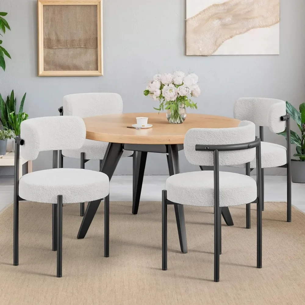 

Boucle Dining Chairs Set of 2-6, White Mid Century Morden Chair with Curved Backrest, Round Upholstered Sherpa with Metal Legs,