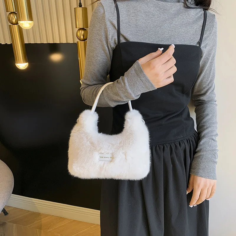 New Winter Solid Color Plush Warm Fluffy Crossbody Bag Street Trend Imitation Mink Hair Shoulder Bag Luxury Designer Handbag