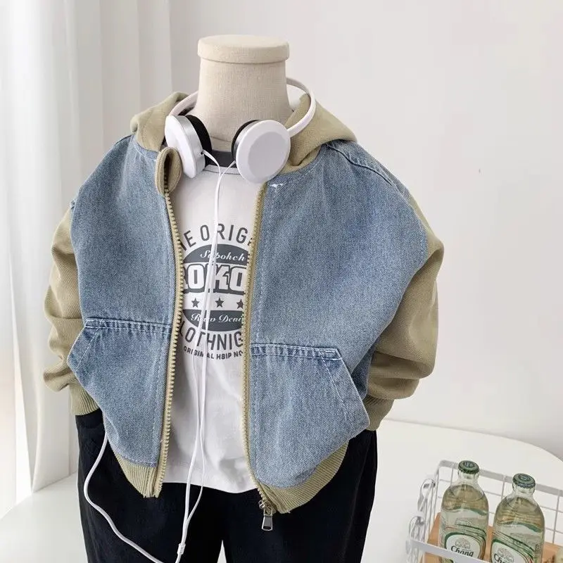 Boys Jackets Denim Coat For Kids 2026 Spring Autumn Children Hooded Outerwear Toddler Windbreaker Patchwork Children's Clothing