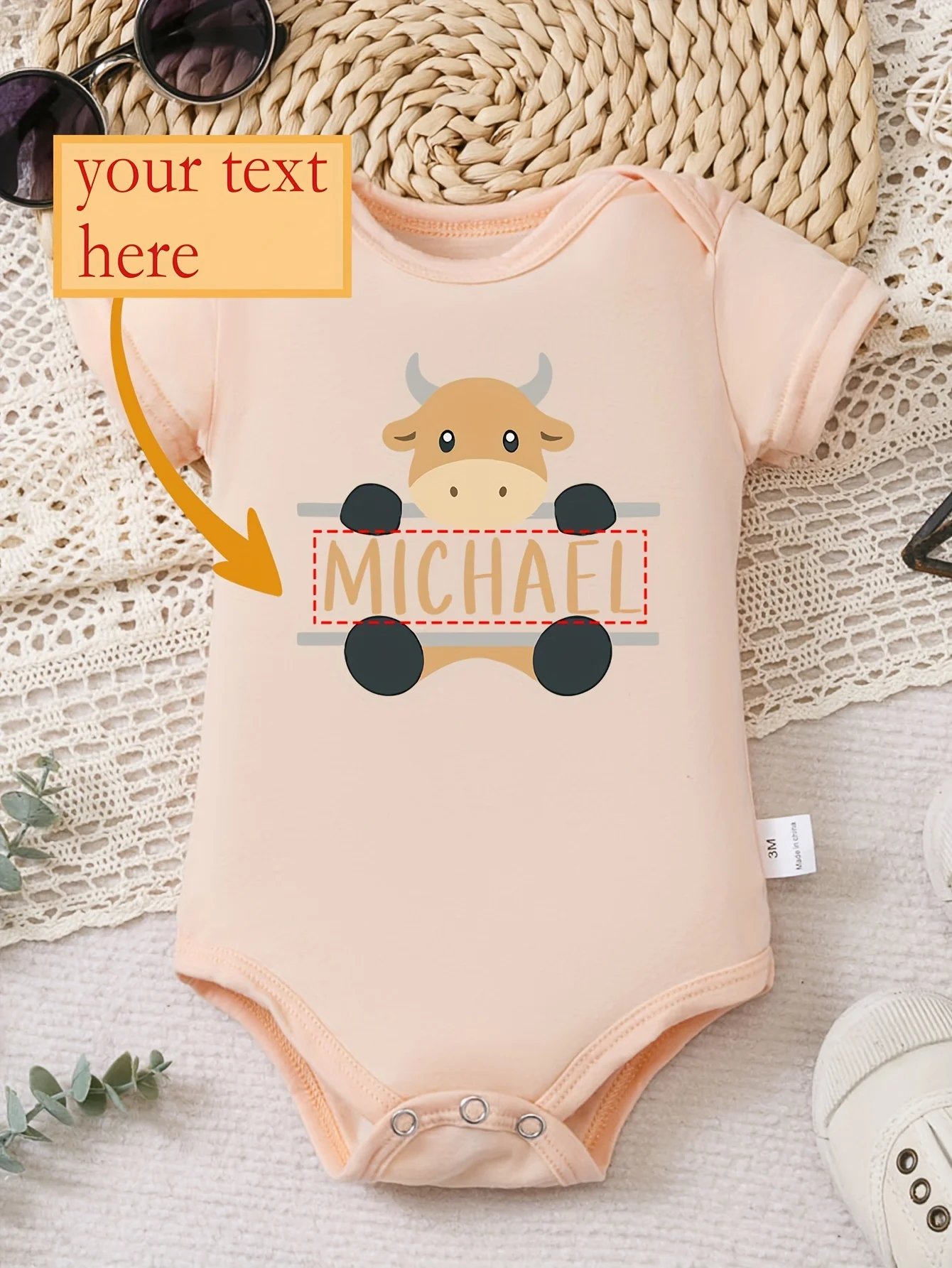 Baby Jumpsuit Name Customized Calf Pattern Print Versatile Casual Round Neck Short Sleeved Triangle Jumpsuit Perfect for Outdoor