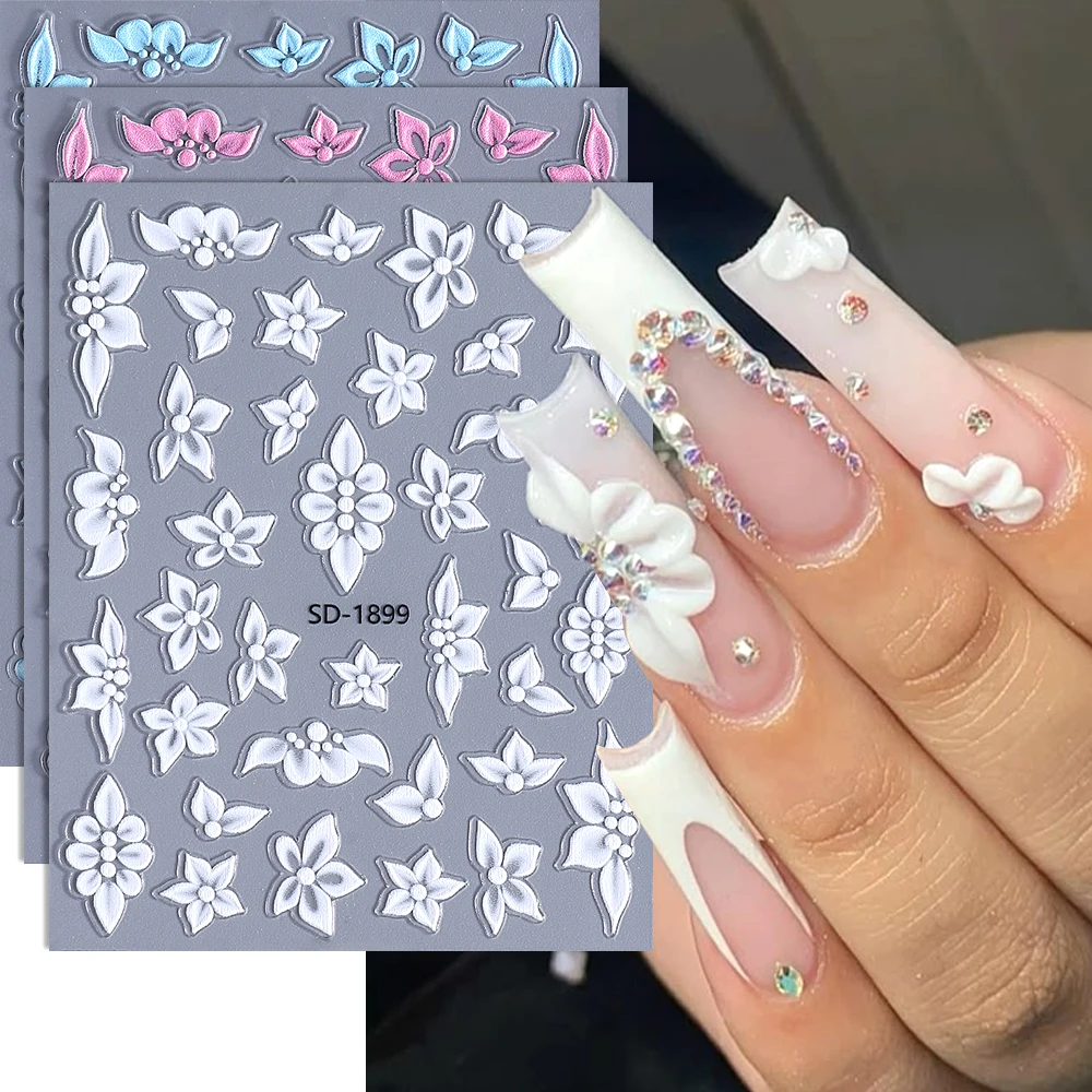 3pcs 5D Embossed White Flower Nail Stickers Cute Petal Flowers Nail Sliders for Women Wedding Nails Supplies Decals DIY Manicure