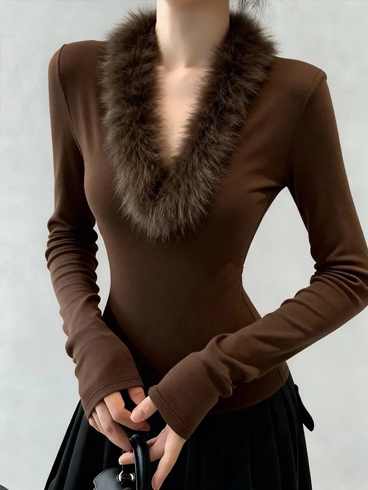 

Ретро Spicy Girl Воротник из искусственного меха в стиле пэчворк Fce Lined Long Sve Slim Fit Base irt Женская внутренняя часть талии, затягивающая плечо...