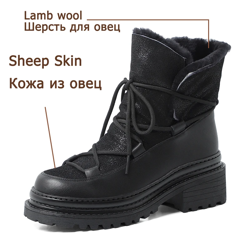 Taoffen Real Sheep Skin Leather Winter Snow Boots Platform Thick Sole Waterproof Lady Flat Shoes Warm Fur Women Sheep Wool Boots