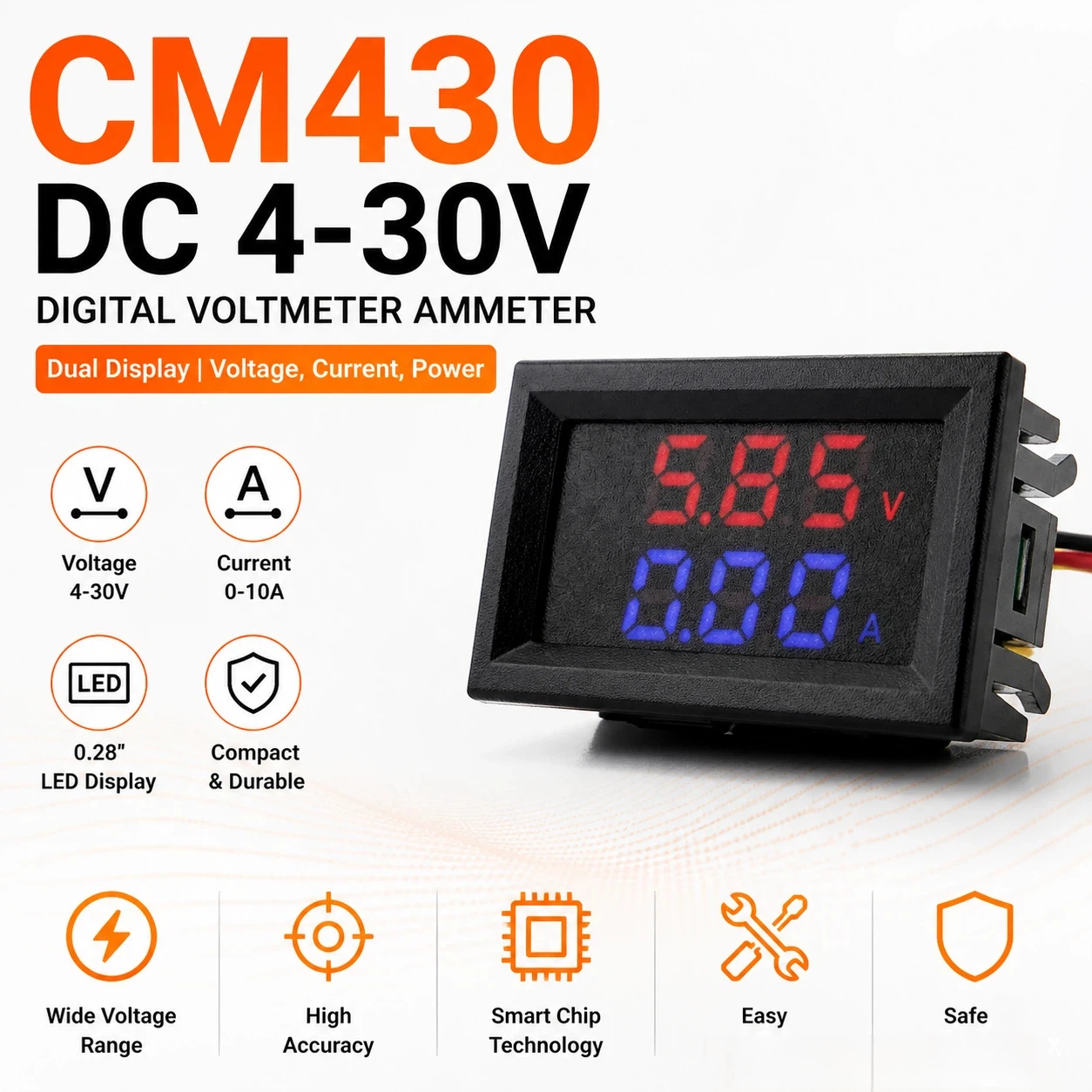 

CM430 DC 4-30V Digital Voltmeter Ammeter 10A 0.28inch LED Dual Display Voltage Current Power Meter Tester Monitor