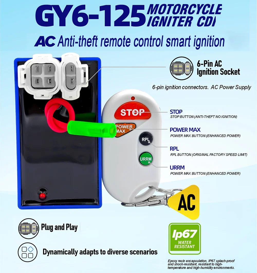 6 Pin AC Motorcycle Anti-Theft CDI Ignitron Box Remote Control CDI For GY6-125-150/CG125-150 CC Scooter Engine ATV Go Kart