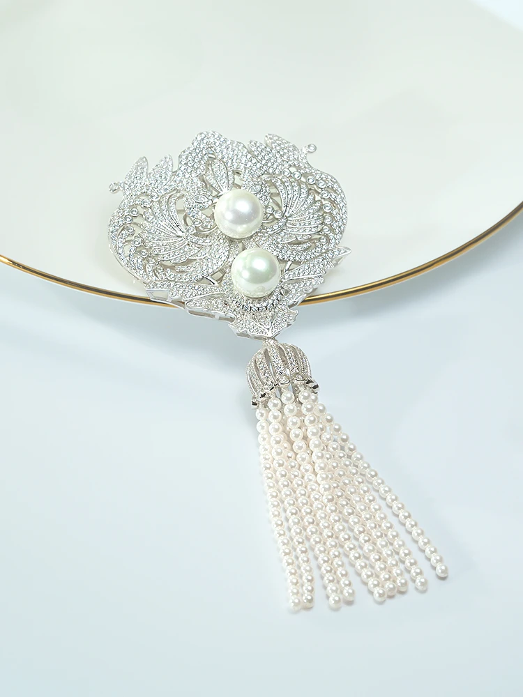 Medieval Twin Phoenix Mother Shell brooch 925 sterling silver high carbon diamond high-end fashionable wedding jewelry