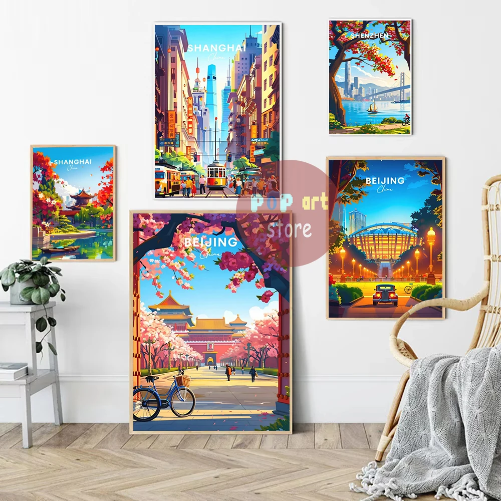 China Chinese City Beijing Shenzhen Shanghai Poster Canvas Painting China Traveling Prints Beijing Canvas Print Hotel Home Decor