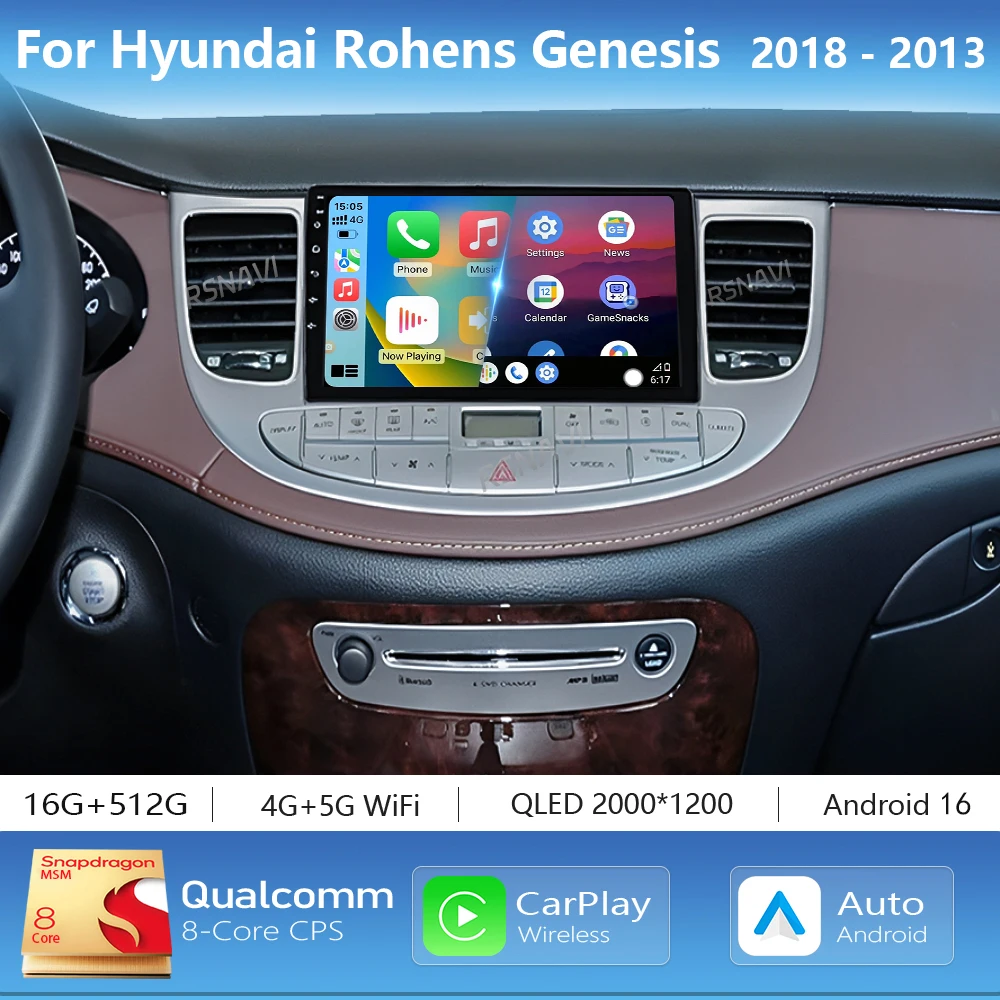 Android 16 Carplay 2K Screen Car Radio Multimedia Player For Hyundai Rohens Genesis 2008-2013 Autoradio Stereo 2din Head Unit