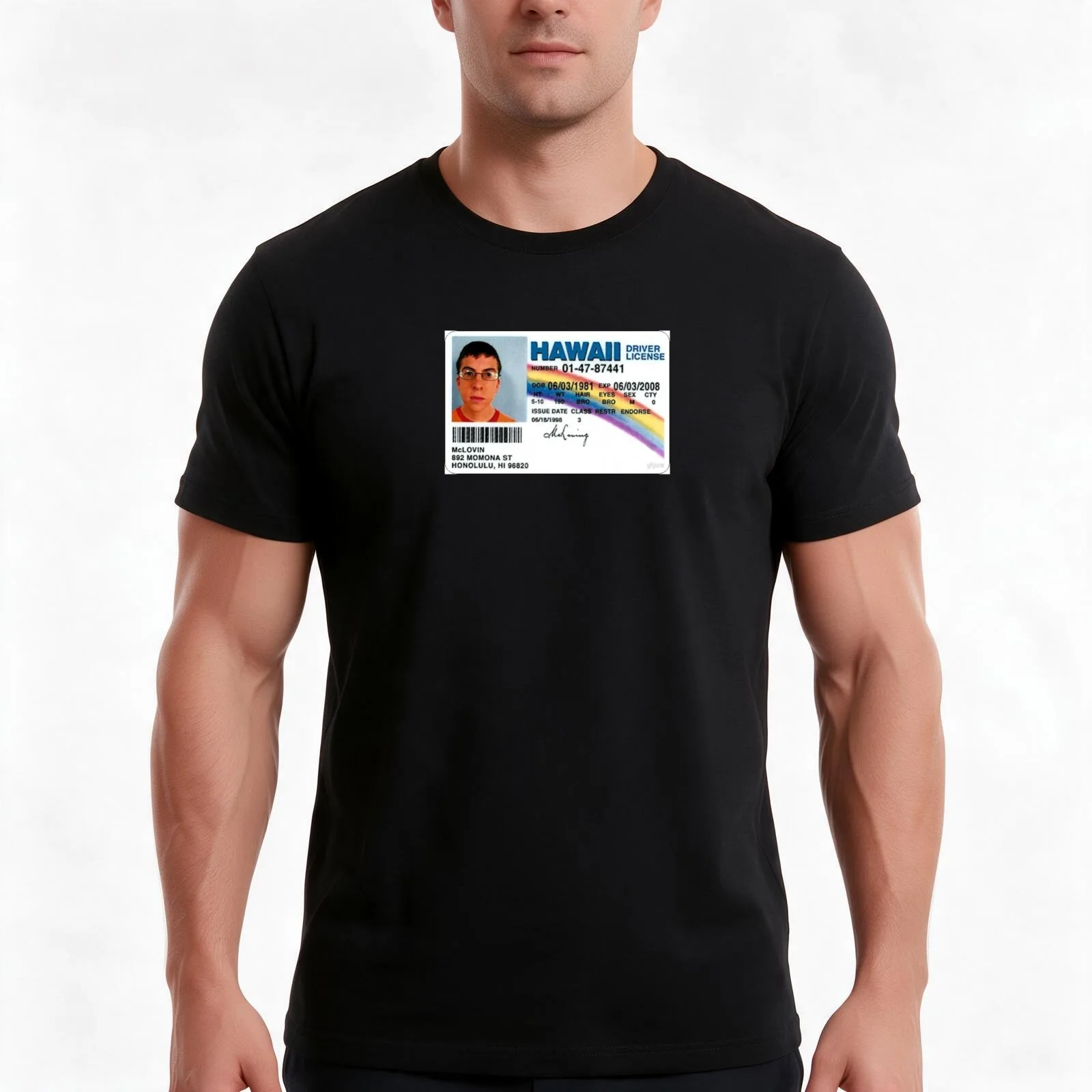 McLovin Superbad ID T-Shirt, Summer Casual Cotton Tee, Oversized Streetwear Tops, Vintage Graphic Print, Loose Fit Short Sleeve