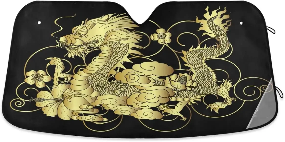 senya Car Windshield Sun Shade Gold Japanese Dragon Blocks UV Rays Sun Visor Protector Accordion Folding Auto Sunshade for Car T