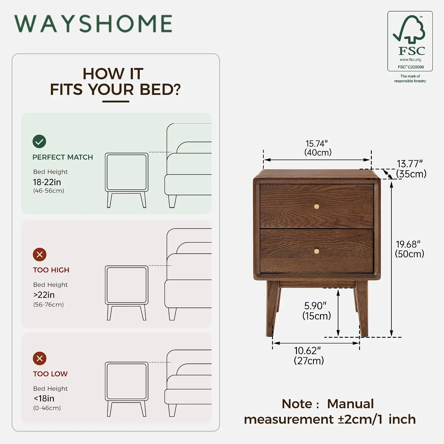 Solid Oak Wood Night Stand Set 2 Walnut Finish 2 Drawers Mid Century Modern Bedside Table Bedroom 19.69