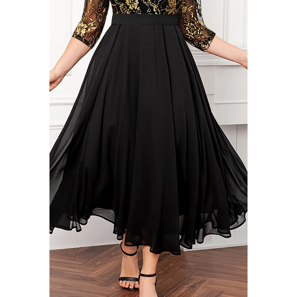 Plus Size Formal Black Lace Stitching Bronzing Print V Neck Tunic Tea-Length Dress