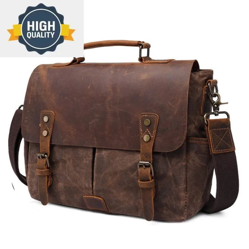 

Waterproof Vintage Men Canvas Handbags Brand Large Office Flap Genuine Leather Messenger Bag Male Crossbody Shoulder Satchel